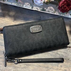 Michael Kors Black Textured Zip-Around Wristlet Wallet with Silver Hardware
